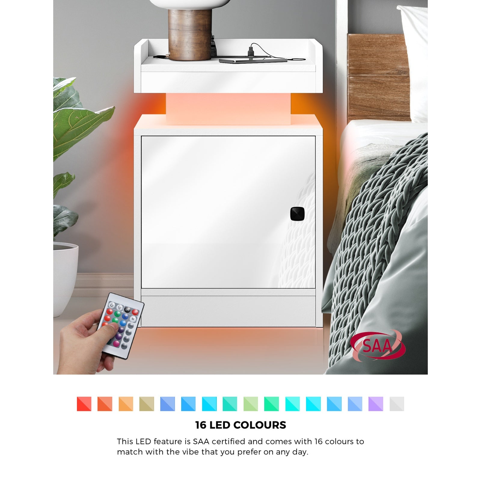 Oikiture Bedside Table LED Nightstand USB Charging Station Side Table White - Sunyee