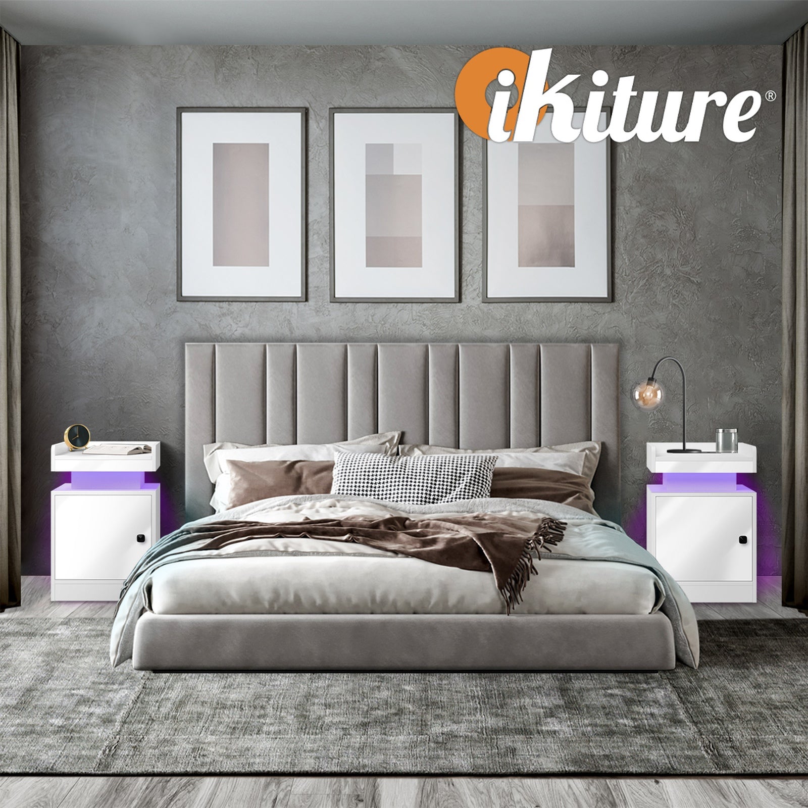 Oikiture Bedside Table LED Nightstand USB Charging Station Side Table White - Sunyee