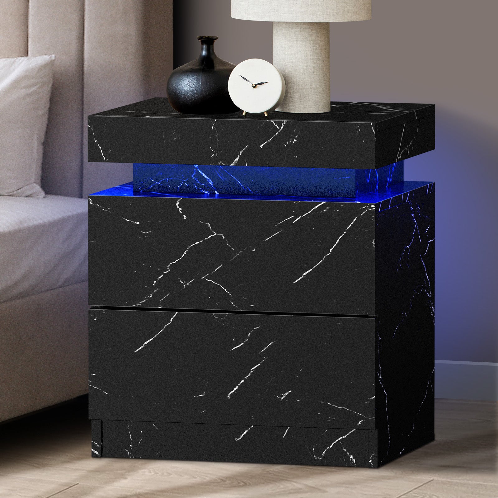Oikiture Bedside Table 2 Drawers LED Side Tables Nightstand Marble Effect Black - Sunyee
