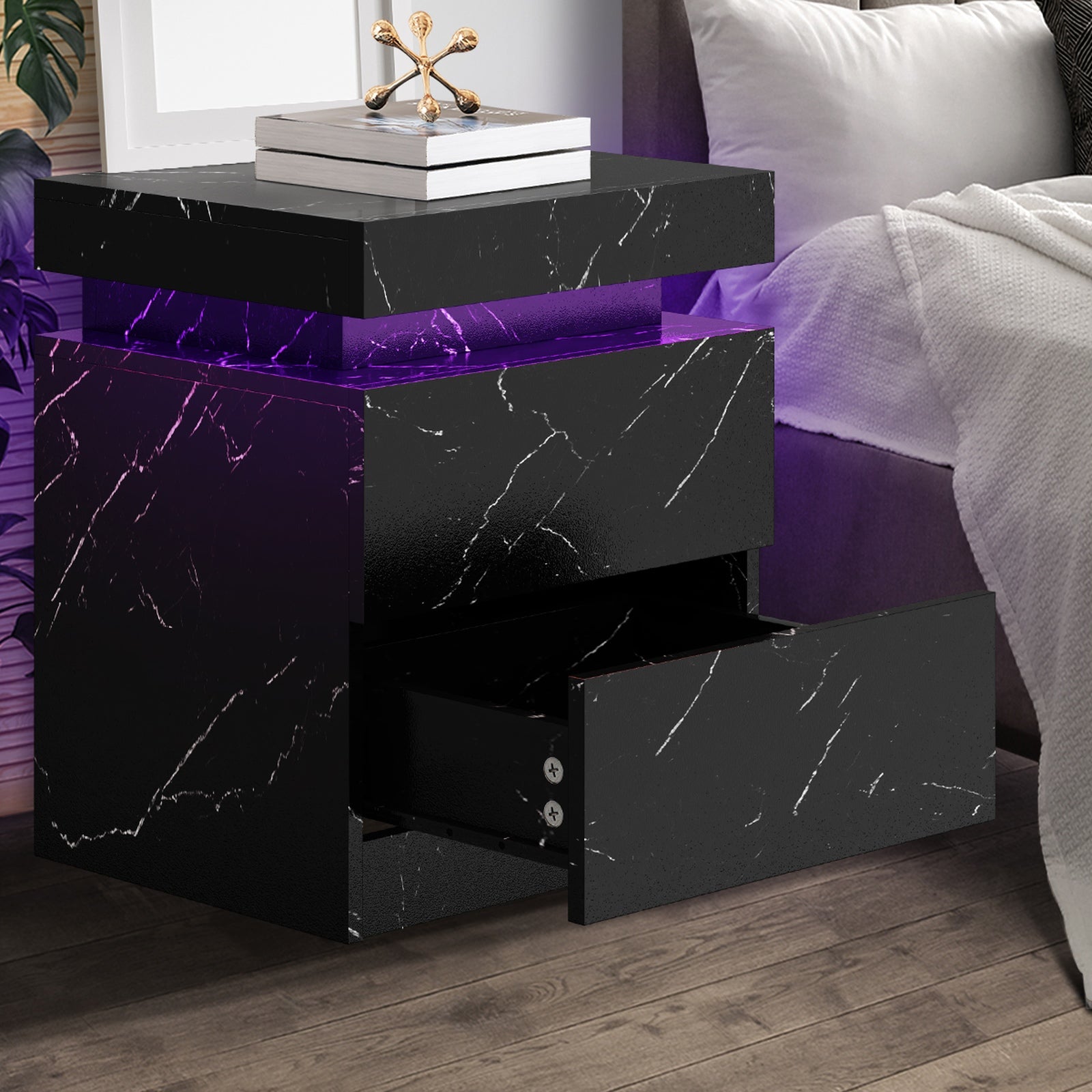 Oikiture Bedside Table 2 Drawers LED Side Tables Nightstand Marble Effect Black - Sunyee