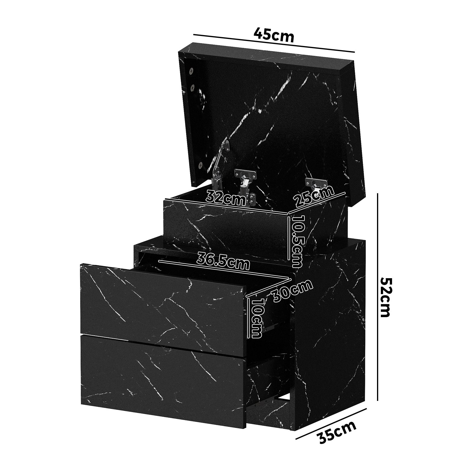 Oikiture Bedside Table 2 Drawers LED Side Tables Nightstand Marble Effect Black - Sunyee