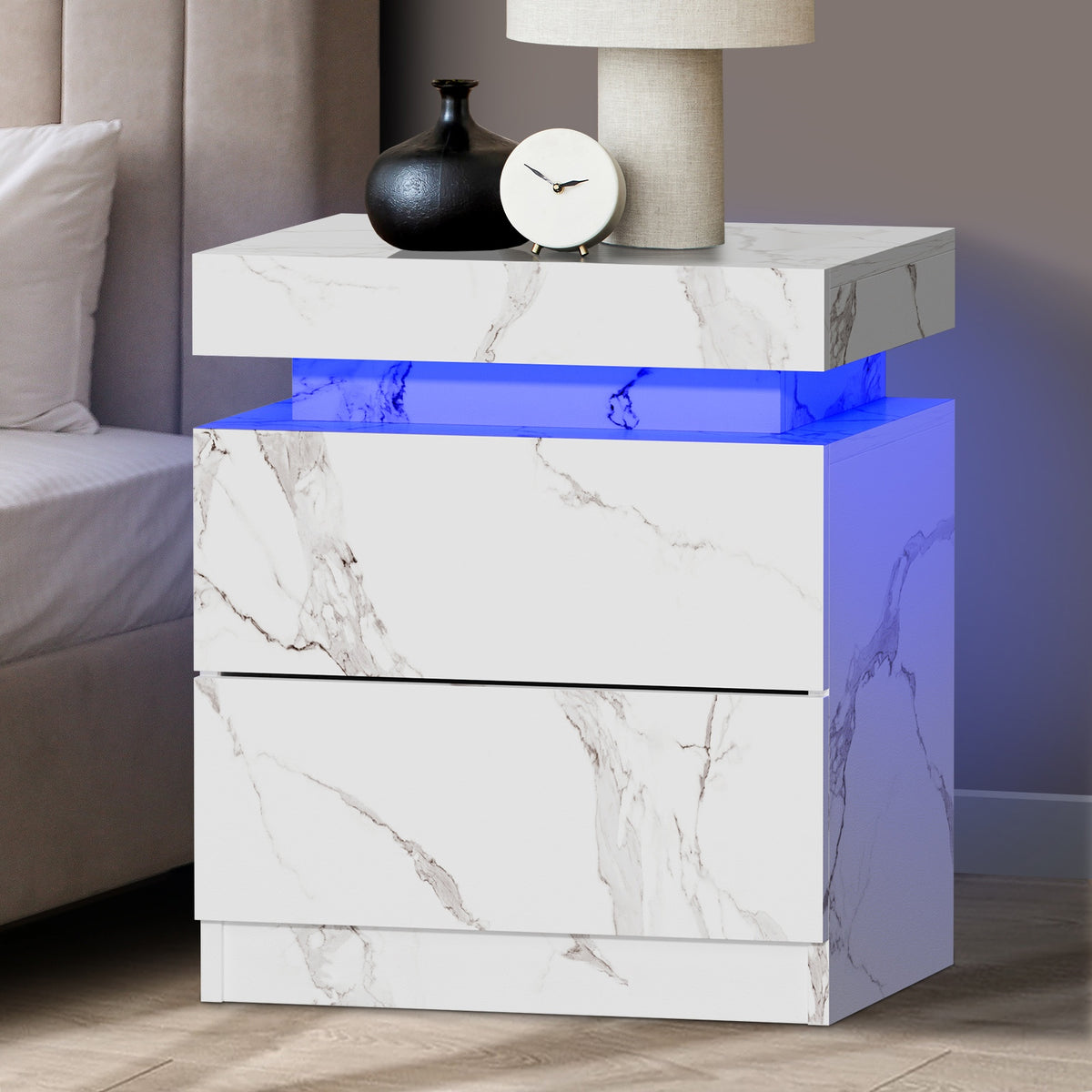 Oikiture Bedside Table 2 Drawers LED Side Tables Nightstand Marble Effect White - Sunyee