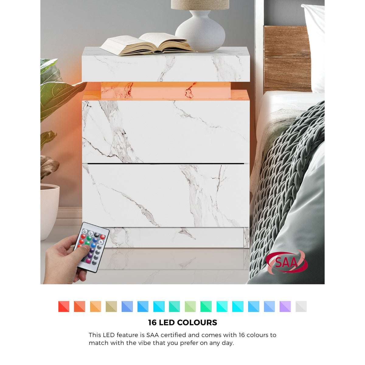 Oikiture Bedside Table 2 Drawers LED Side Tables Nightstand Marble Effect White - Sunyee