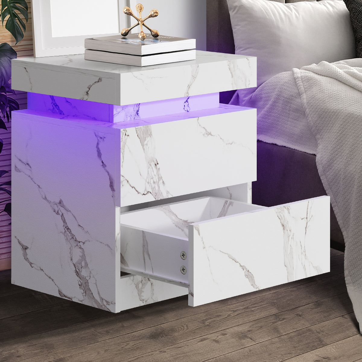 Oikiture Bedside Table 2 Drawers LED Side Tables Nightstand Marble Effect White - Sunyee