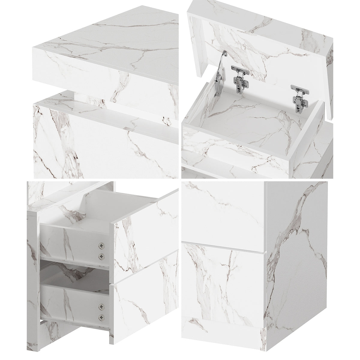 Oikiture Bedside Table 2 Drawers LED Side Tables Nightstand Marble Effect White - Sunyee