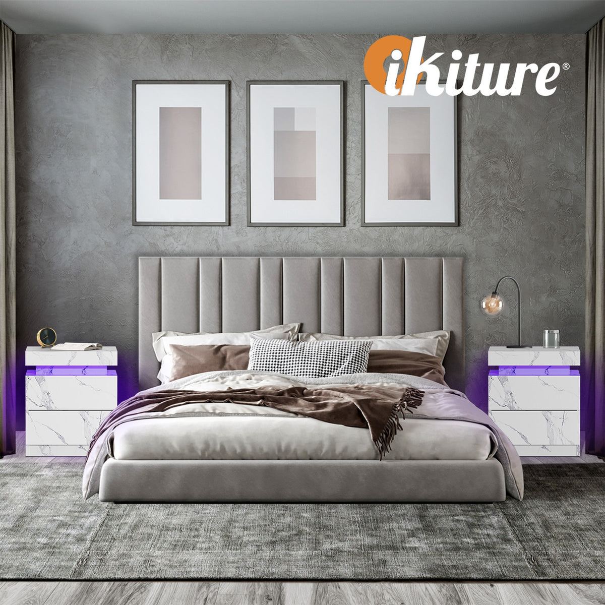 Oikiture Bedside Table 2 Drawers LED Side Tables Nightstand Marble Effect White - Sunyee