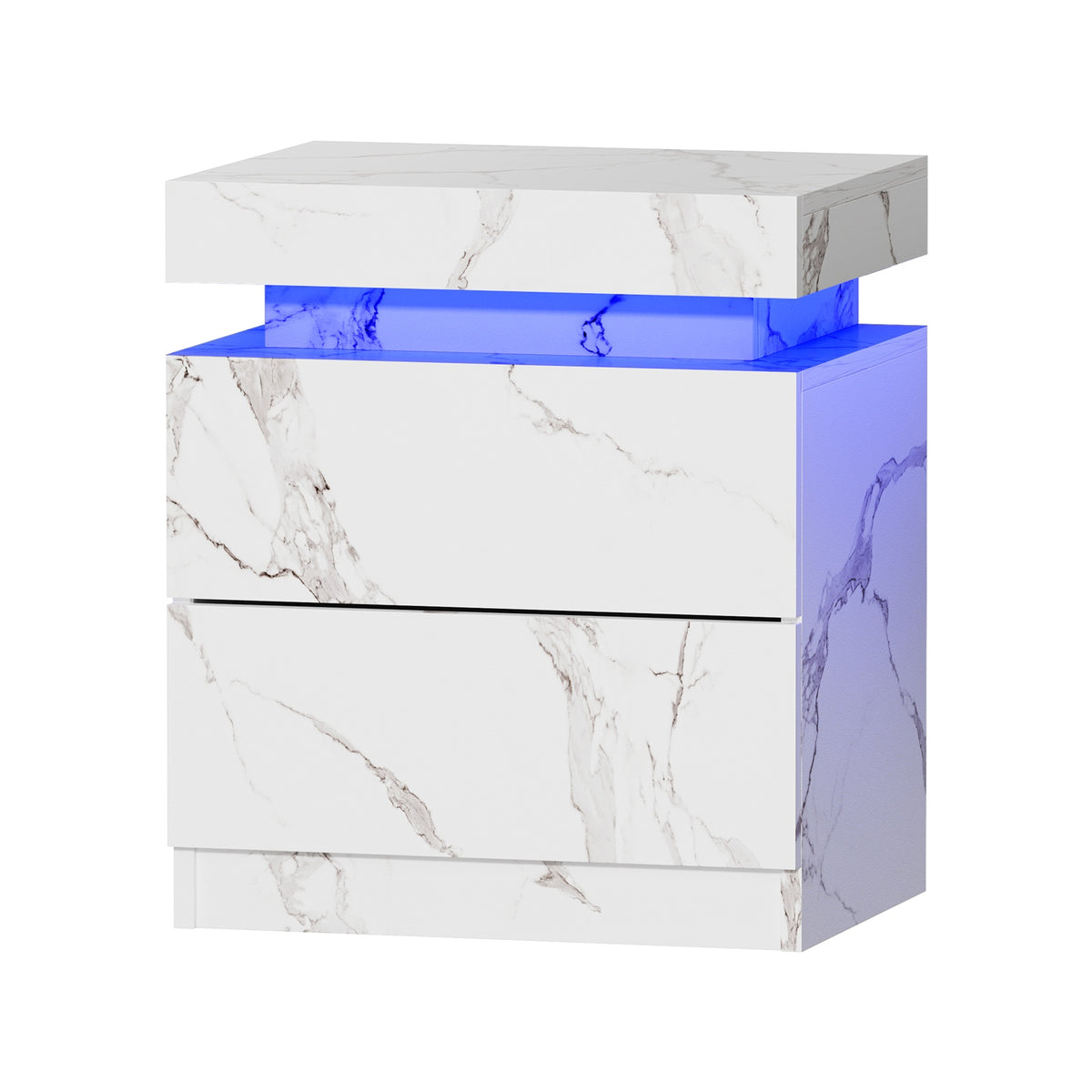 Oikiture Bedside Table 2 Drawers LED Side Tables Nightstand Marble Effect White - Sunyee
