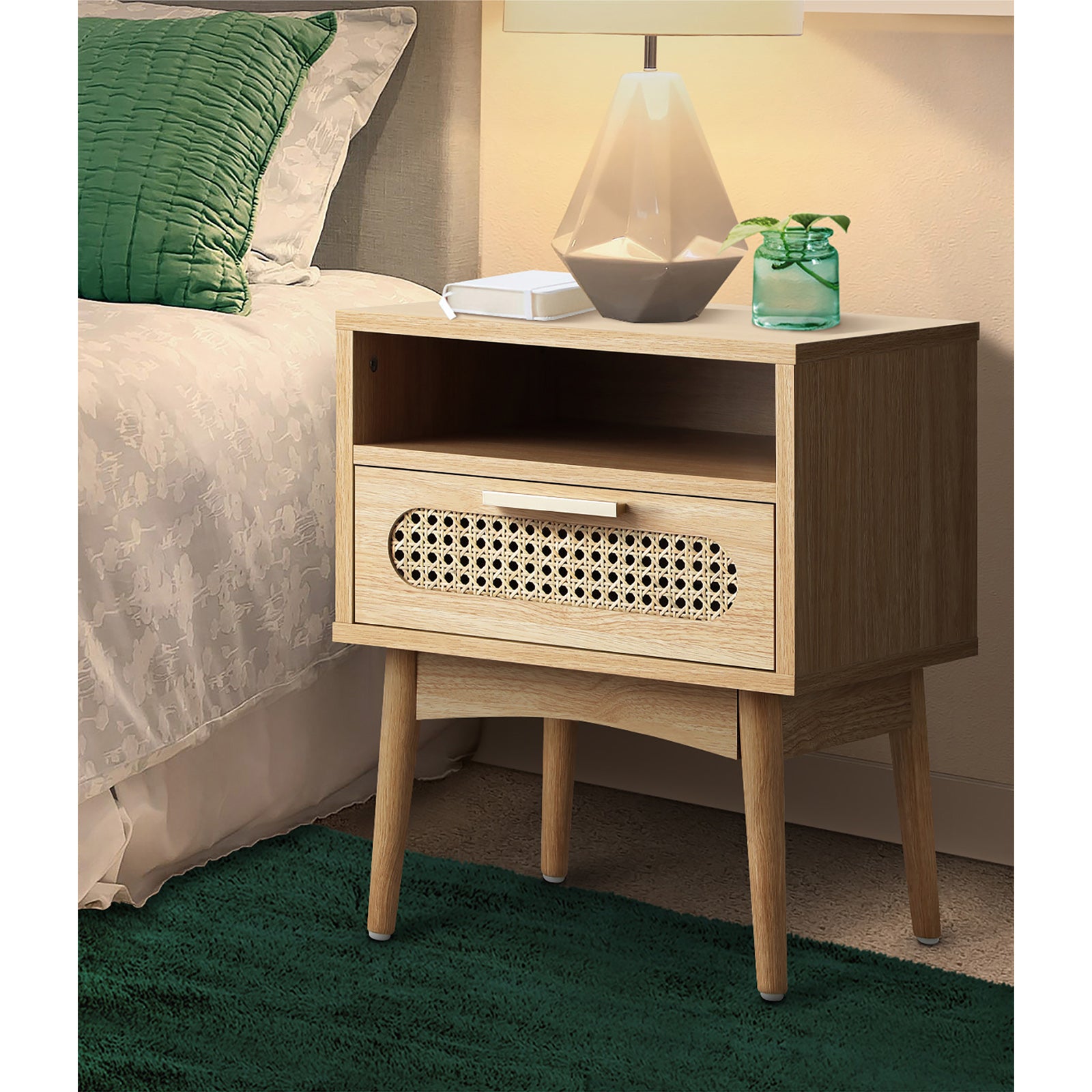 Oikiture Bedside Table Rattan Drawers Shelf Bedroom Storage Furniture Wood - Sunyee