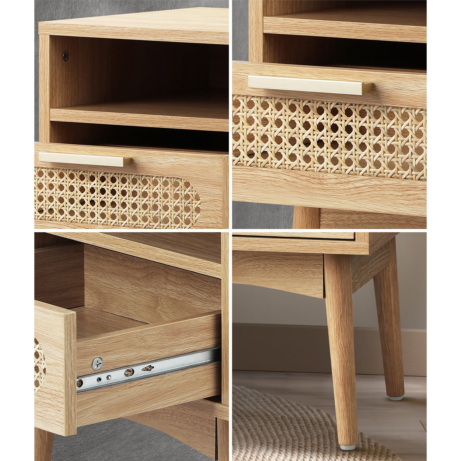 Oikiture Bedside Table Rattan Drawers Shelf Bedroom Storage Furniture Wood - Sunyee