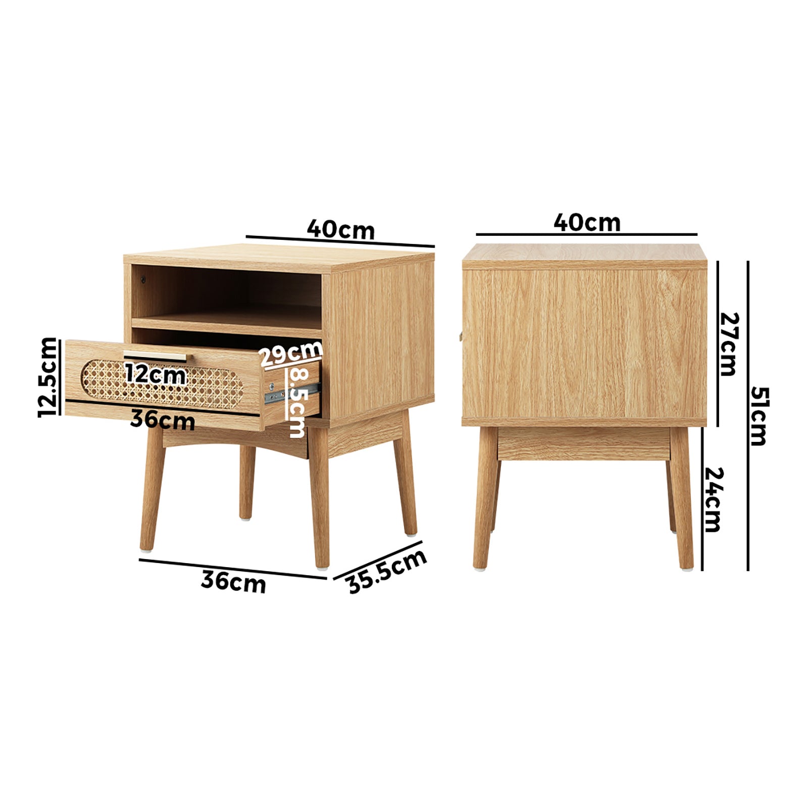 Oikiture Bedside Table Rattan Drawers Shelf Bedroom Storage Furniture Wood - Sunyee