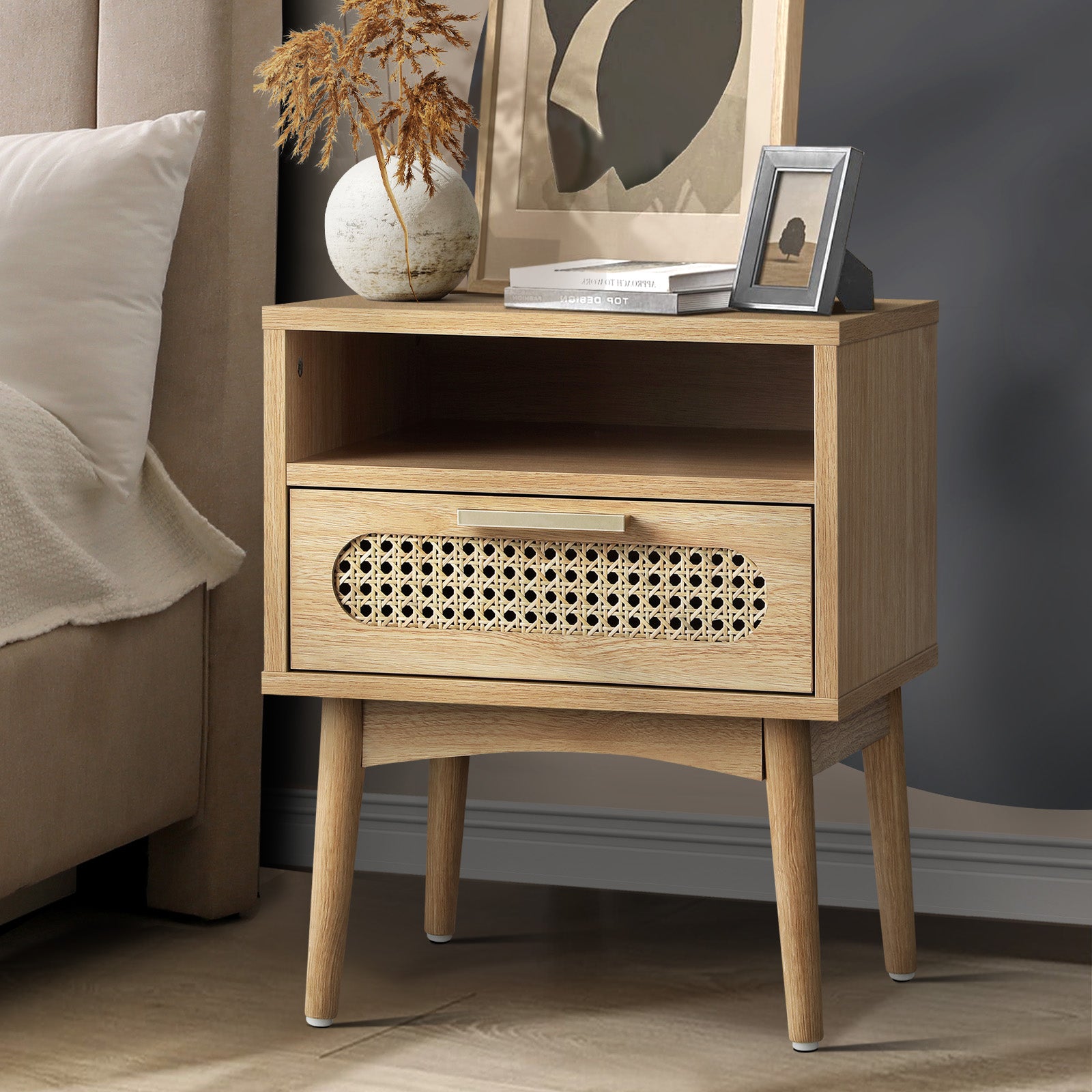 Oikiture Bedside Table Rattan Drawers Shelf Bedroom Storage Furniture Wood - Sunyee