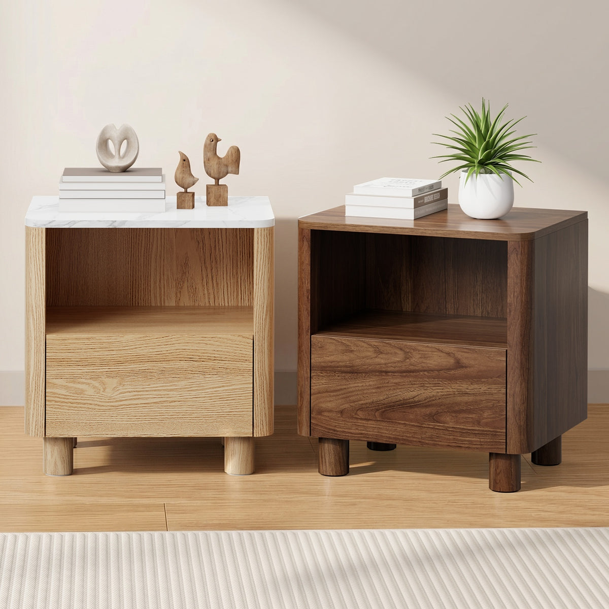 Oikiture Bedside Table Nightstand One Drawer Open Shelf Handle-Free