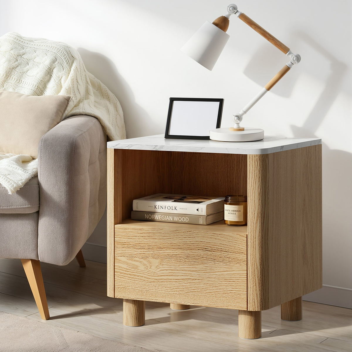 Oikiture Bedside Table Nightstand One Drawer Open Shelf Handle-Free