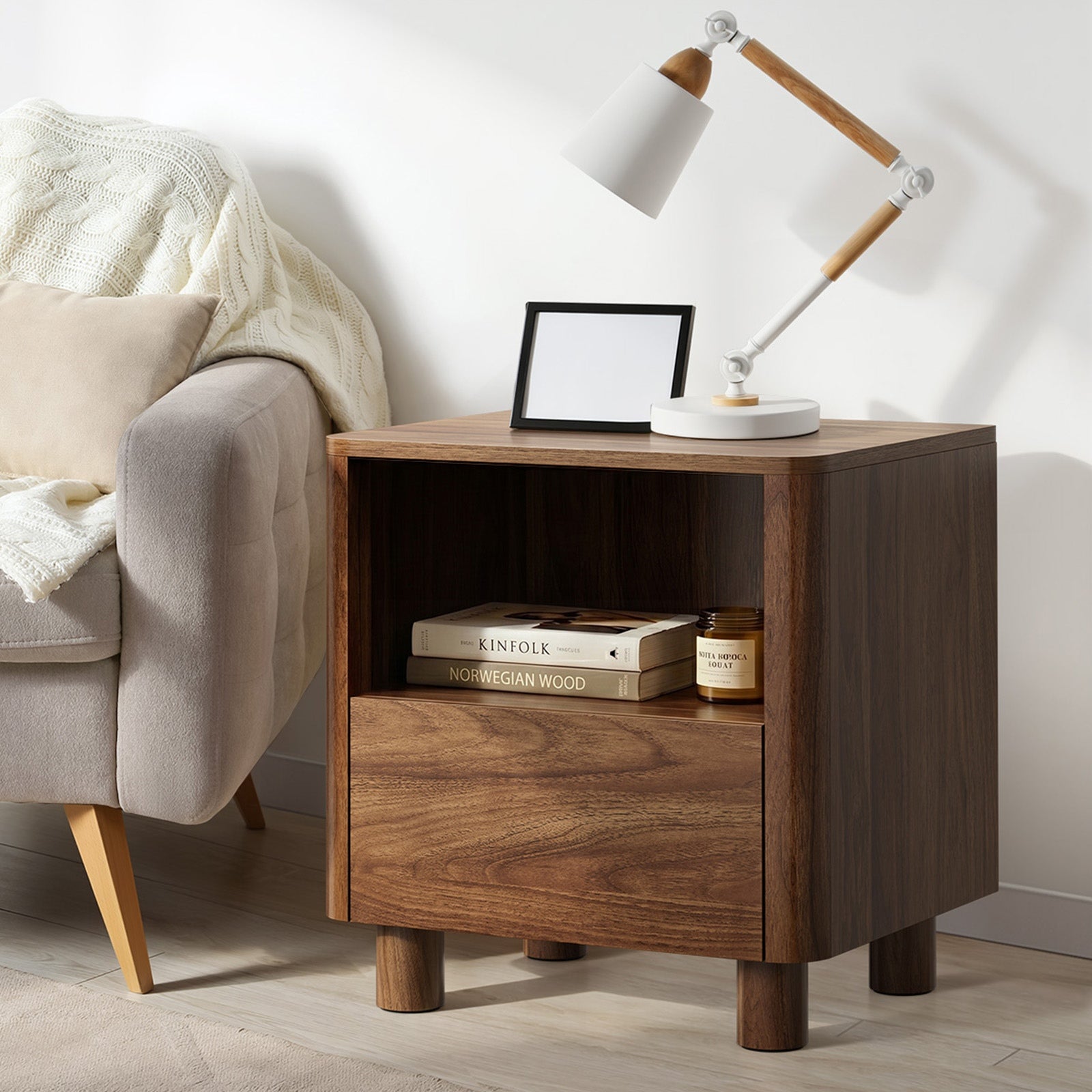 Oikiture Bedside Table Nightstand One Drawer Open Shelf Handle-Free Walnut