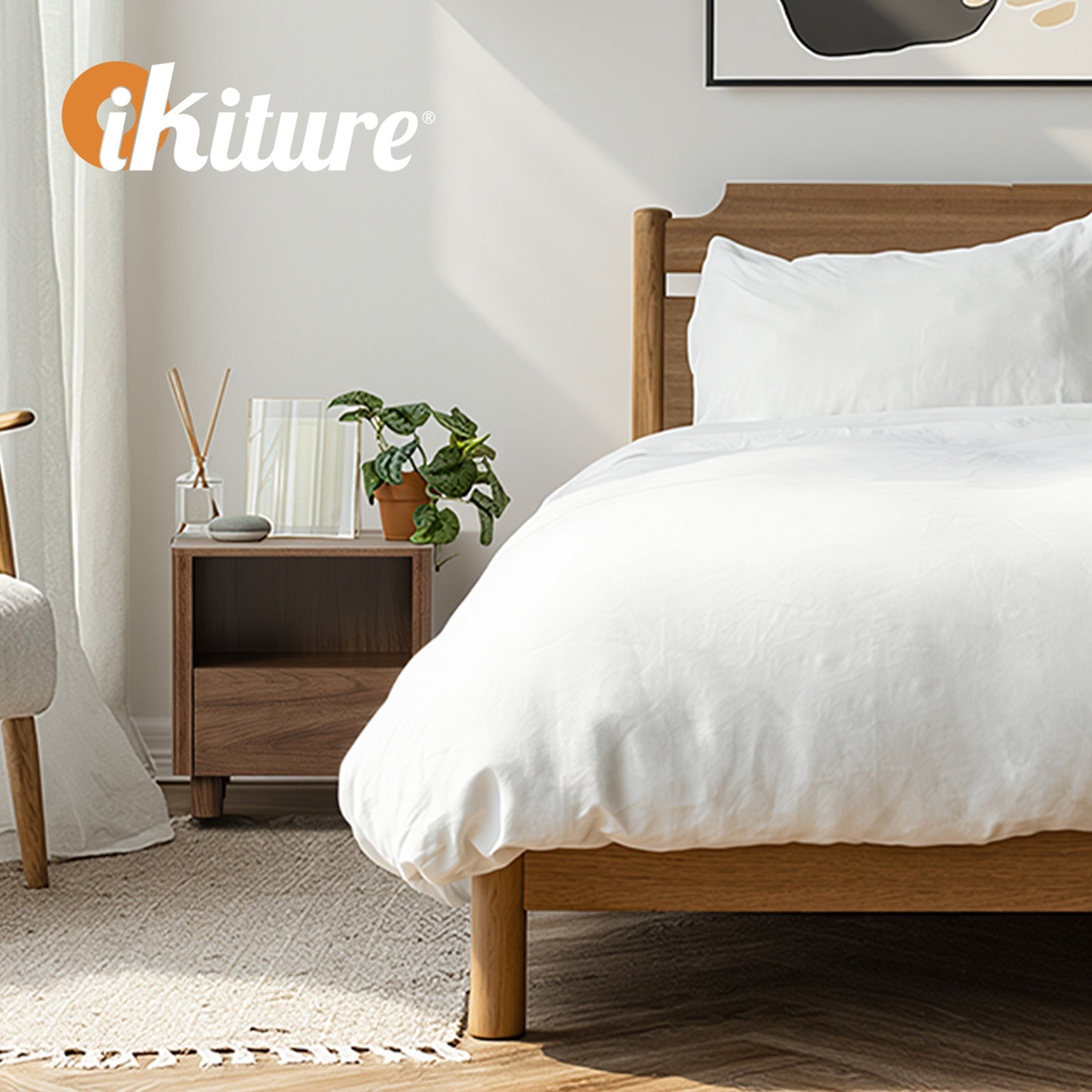 Oikiture Bedside Table Nightstand One Drawer Open Shelf Handle-Free Walnut