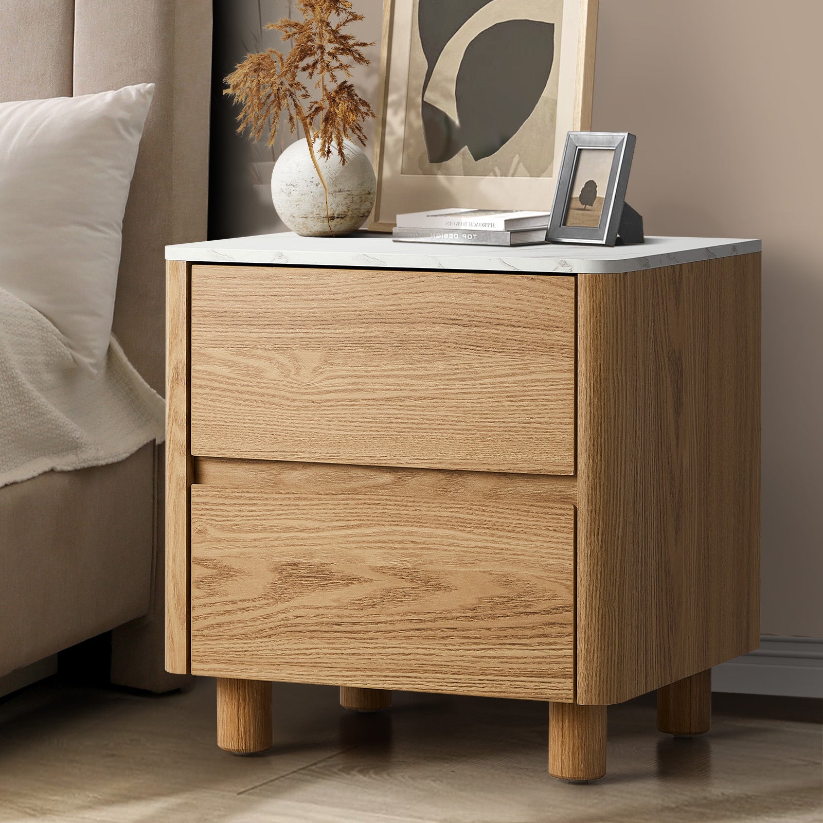 Oikiture Bedside Table Side End Table 2 Drawers Nightstand Faux Marble Top - Sunyee