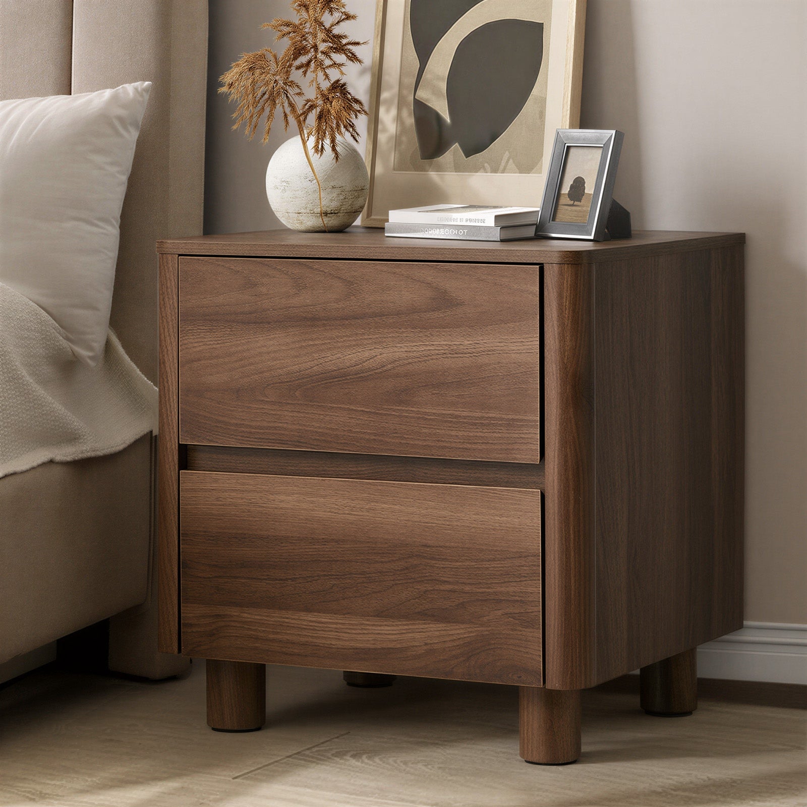 Oikiture Bedside Table 2 Drawers Storage Cabinet Nightstand Side Table Walnut - Sunyee