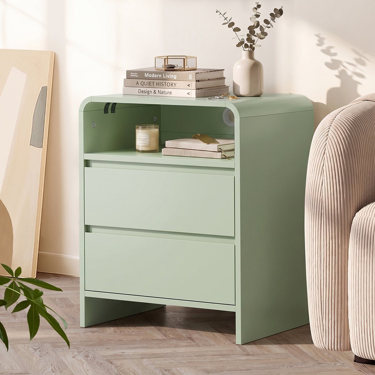 Oikiture Bedside Table Open Shelf Nightstand Handle-Free Drawers Green