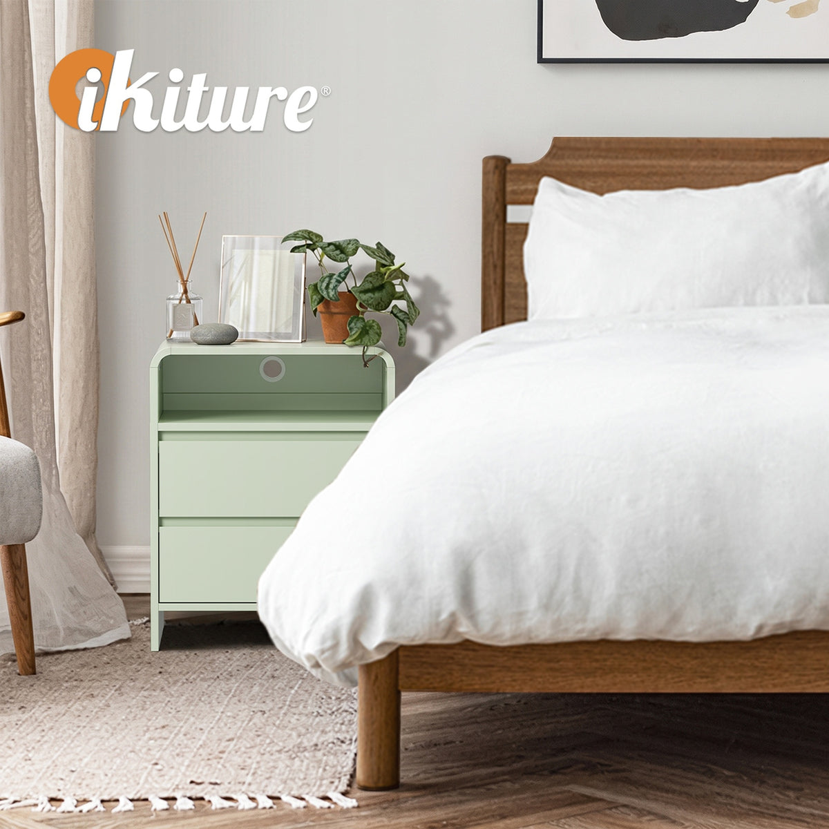 Oikiture Bedside Table Open Shelf Nightstand Handle-Free Drawers Green