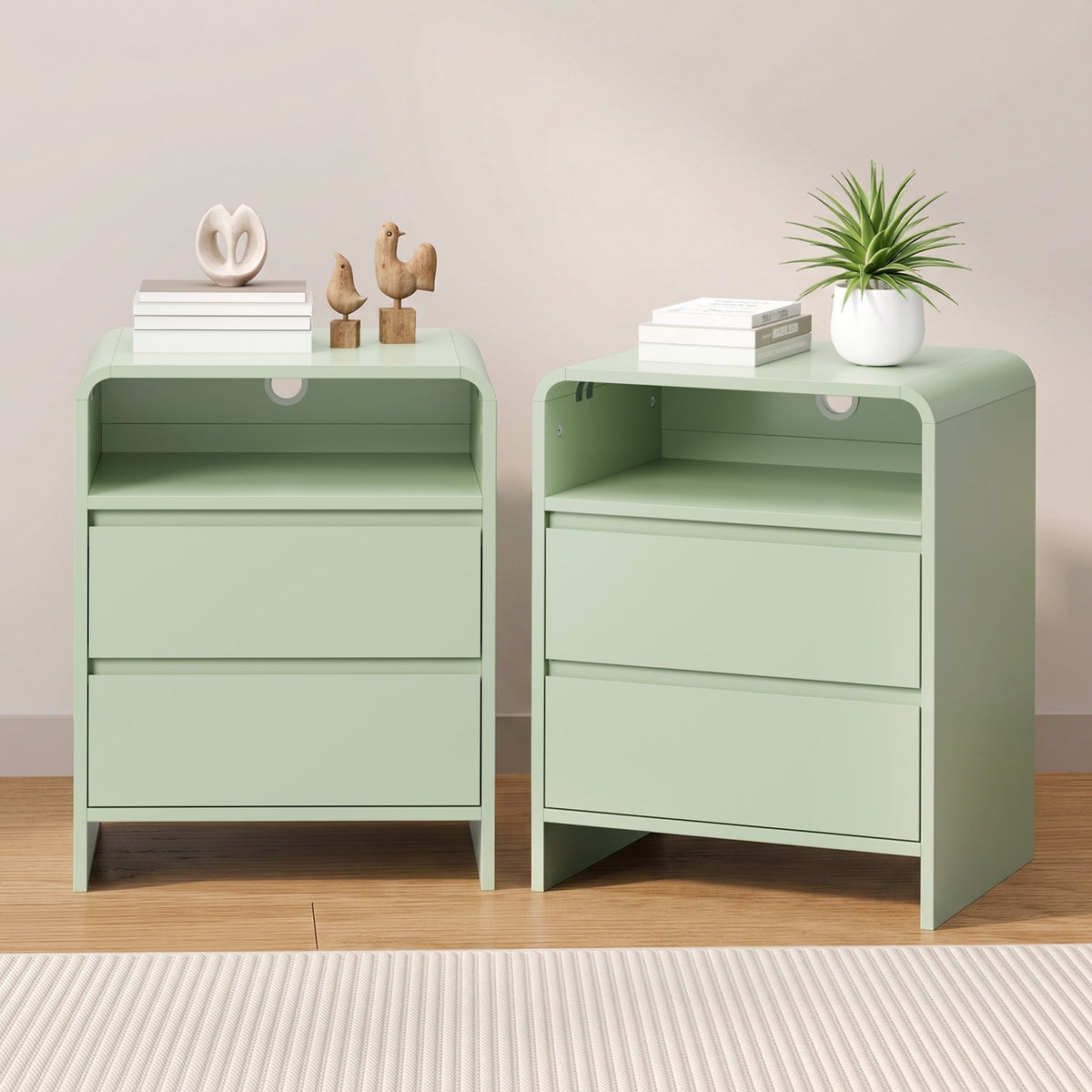 Oikiture 2pc Bedside Table Open Shelf Nightstand Handle-Free Drawers Green