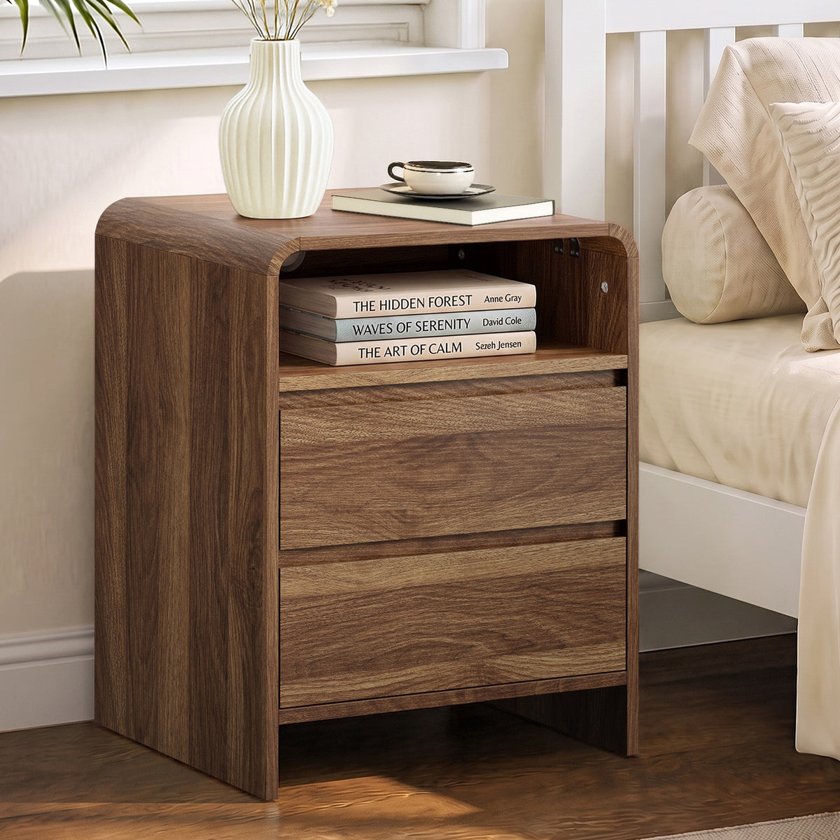 Oikiture Bedside Table Open Shelf Nightstand Handle-Free Drawers White