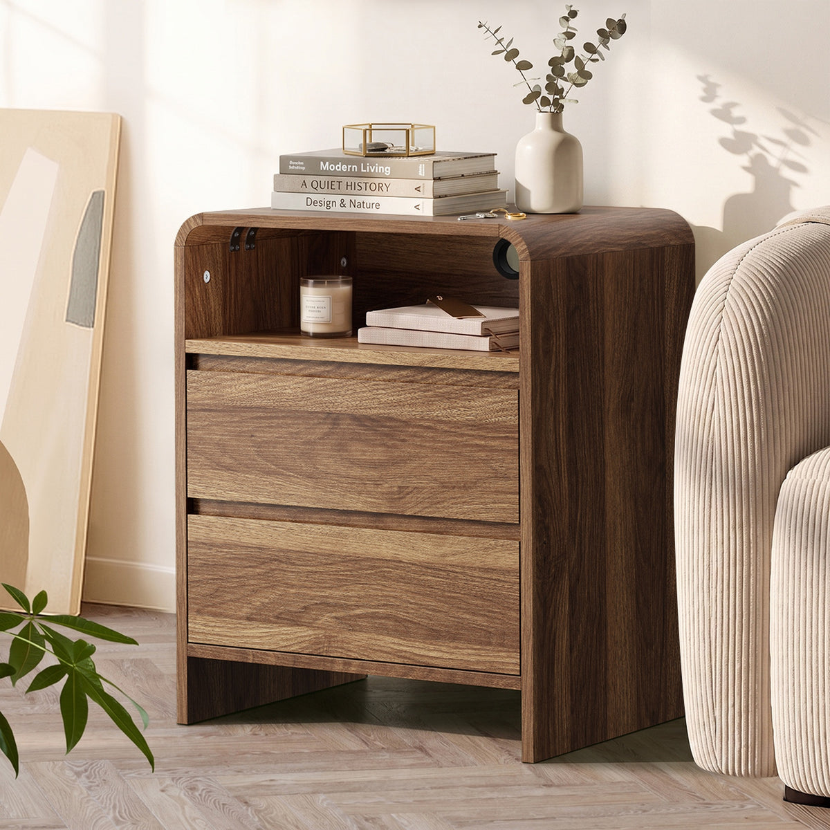 Oikiture 2pc Bedside Table Open Shelf Nightstand Handle-Free Drawers Walnut