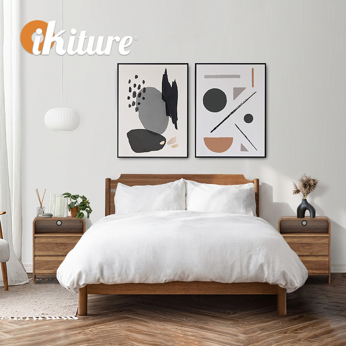Oikiture 2pc Bedside Table Open Shelf Nightstand Handle-Free Drawers Walnut