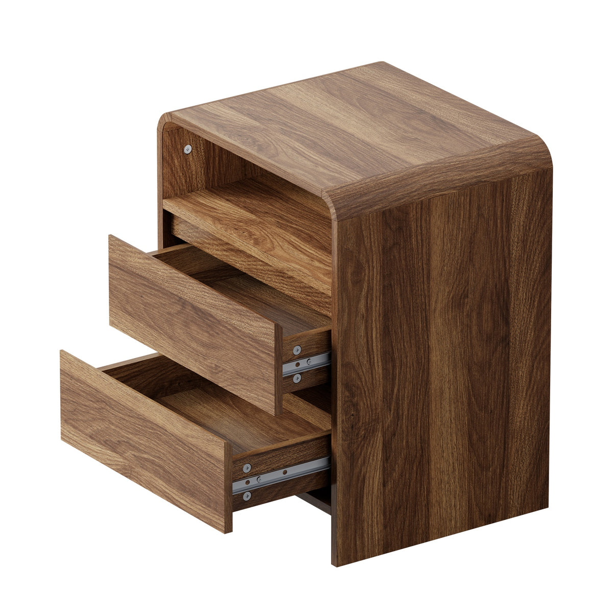 Oikiture 2pc Bedside Table Open Shelf Nightstand Handle-Free Drawers Walnut