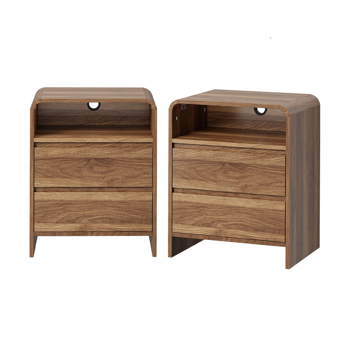Oikiture 2pc Bedside Table Open Shelf Nightstand Handle-Free Drawers Walnut