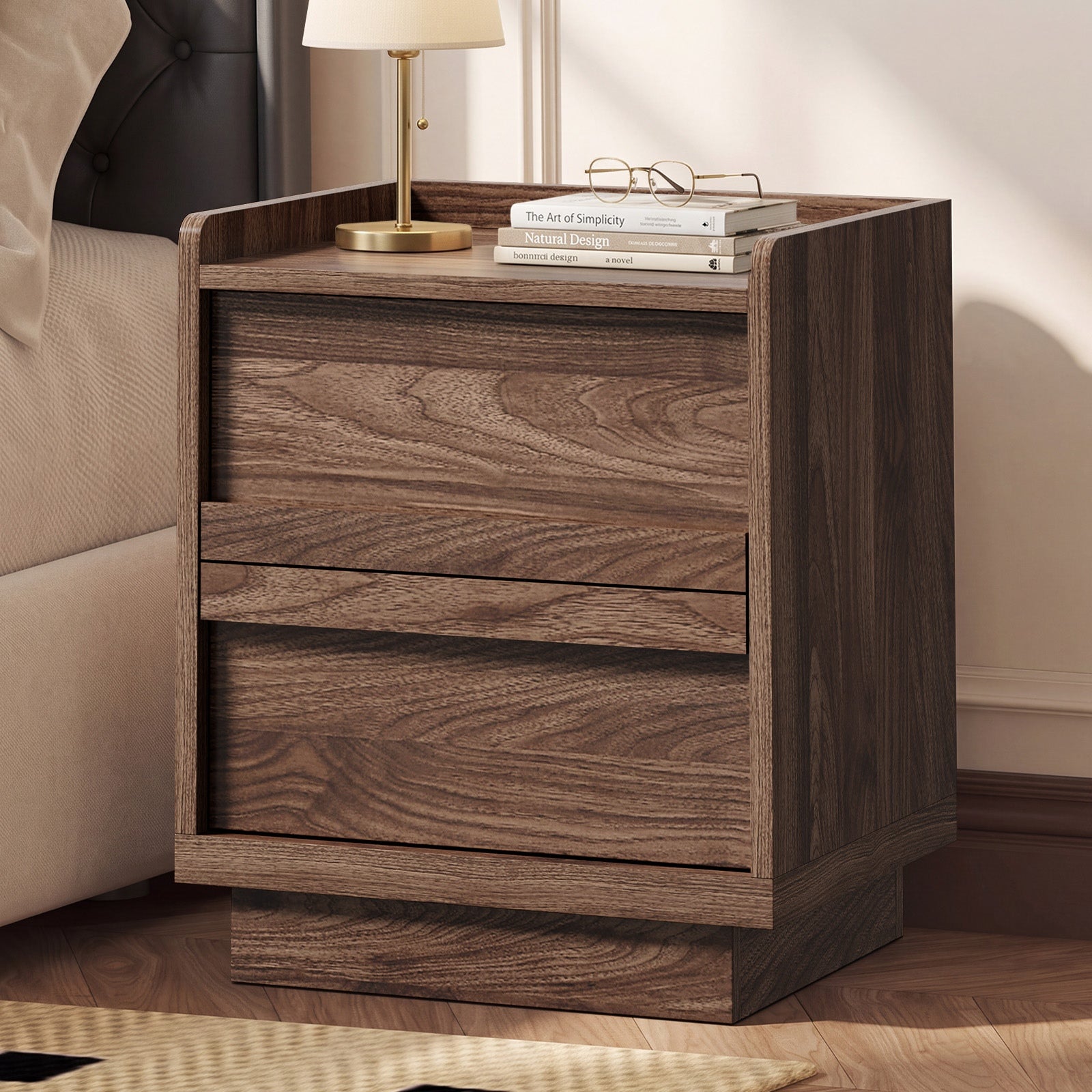 Oikiture Bedside Table 2 Drawers Handle-Free Side End Cabinet Walnut