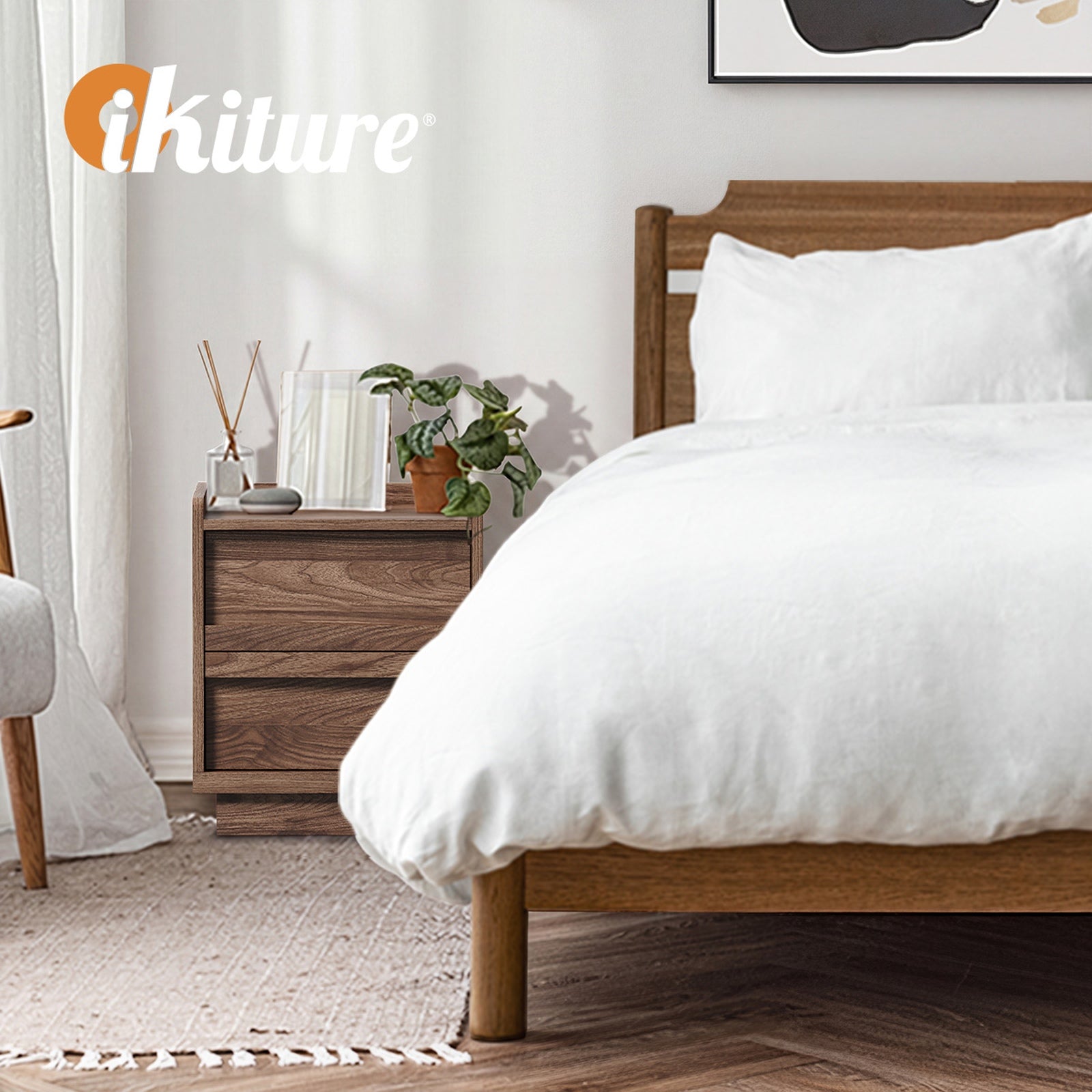 Oikiture Bedside Table 2 Drawers Handle-Free Side End Cabinet Walnut