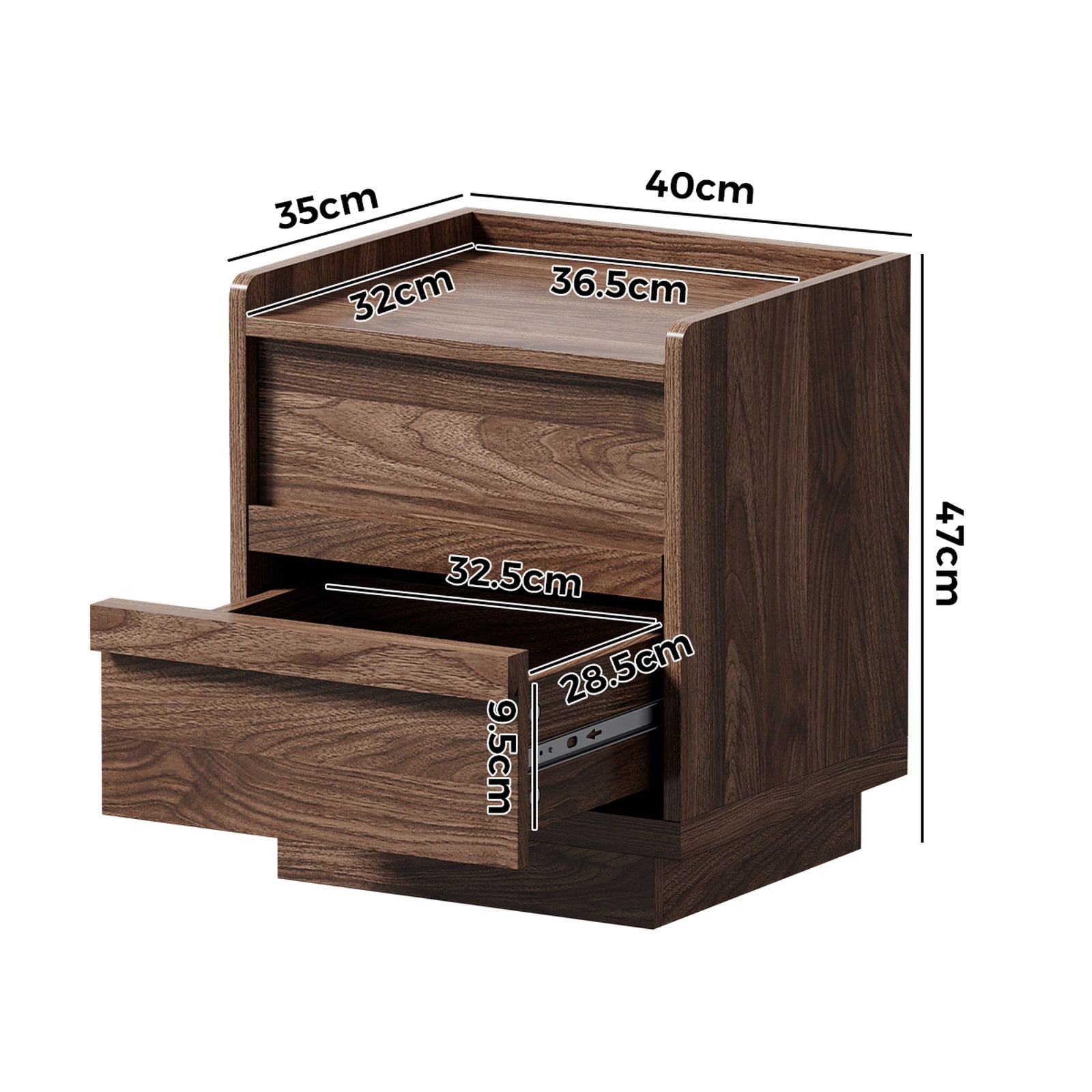 Oikiture Bedside Table 2 Drawers Handle-Free Side End Cabinet Walnut