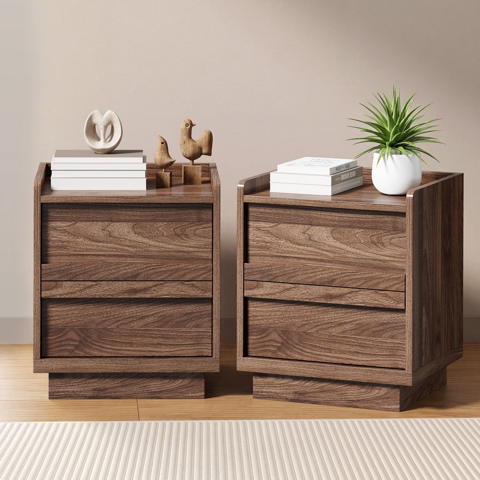 Oikiture 2pc Bedside Table 2 Drawers Handle-Free Side End Cabinet Walnut