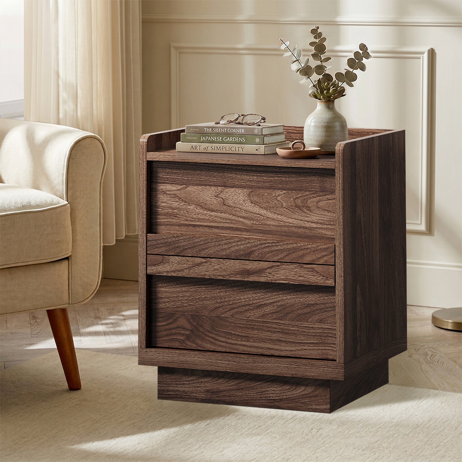 Oikiture 2pc Bedside Table 2 Drawers Handle-Free Side End Cabinet Walnut