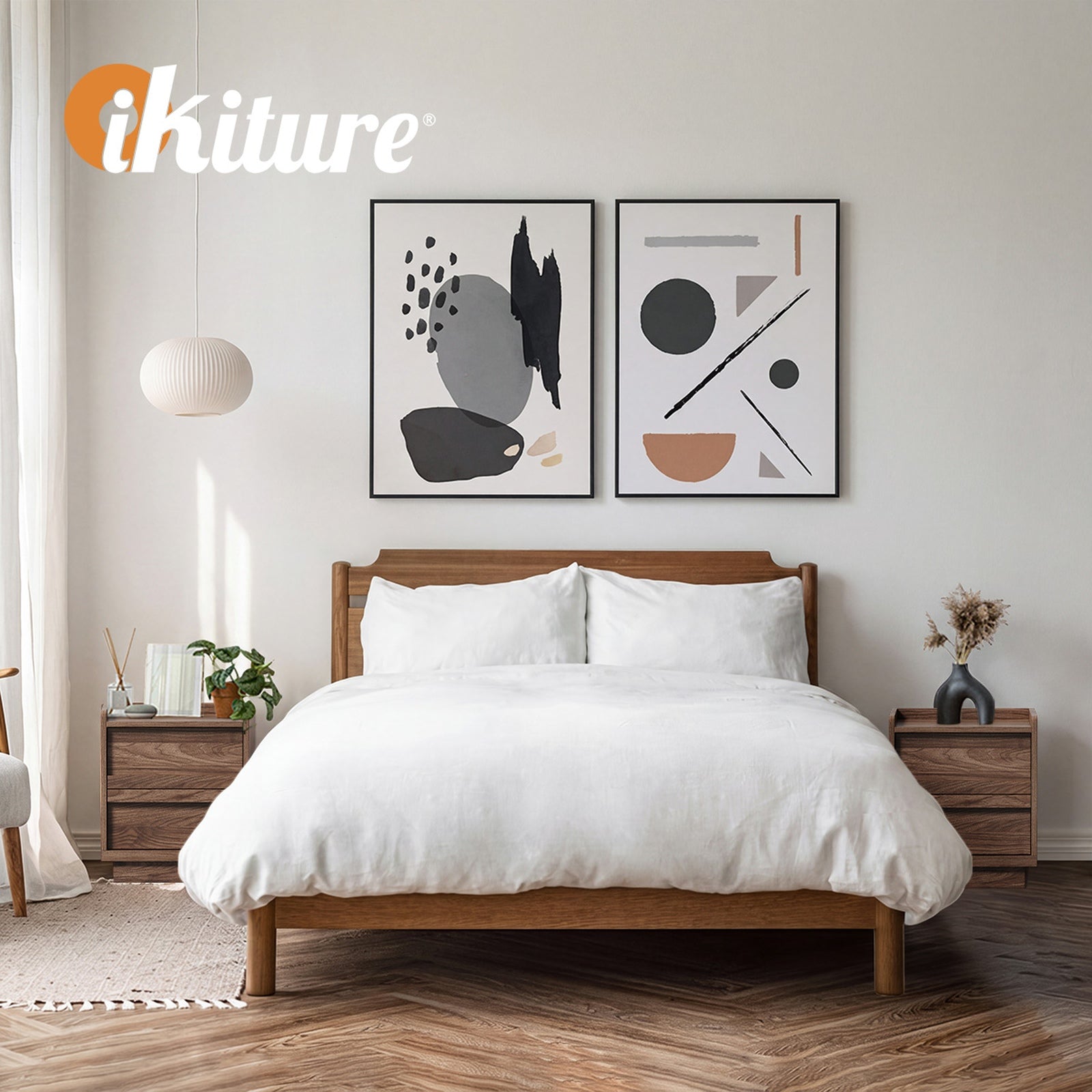 Oikiture 2pc Bedside Table 2 Drawers Handle-Free Side End Cabinet Walnut