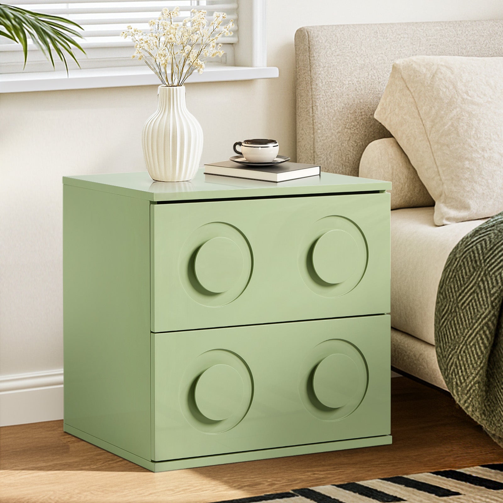Oikiture Bedside Table 2 Drawers Nightstand Kid Storage Cabinet Green - Sunyee