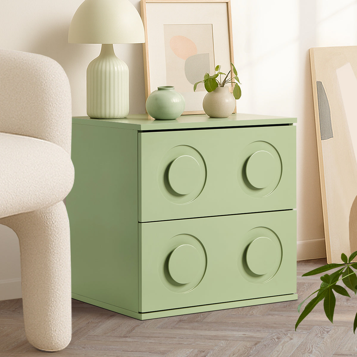 Oikiture Bedside Table 2 Drawers Nightstand Kid Storage Cabinet Green - Sunyee