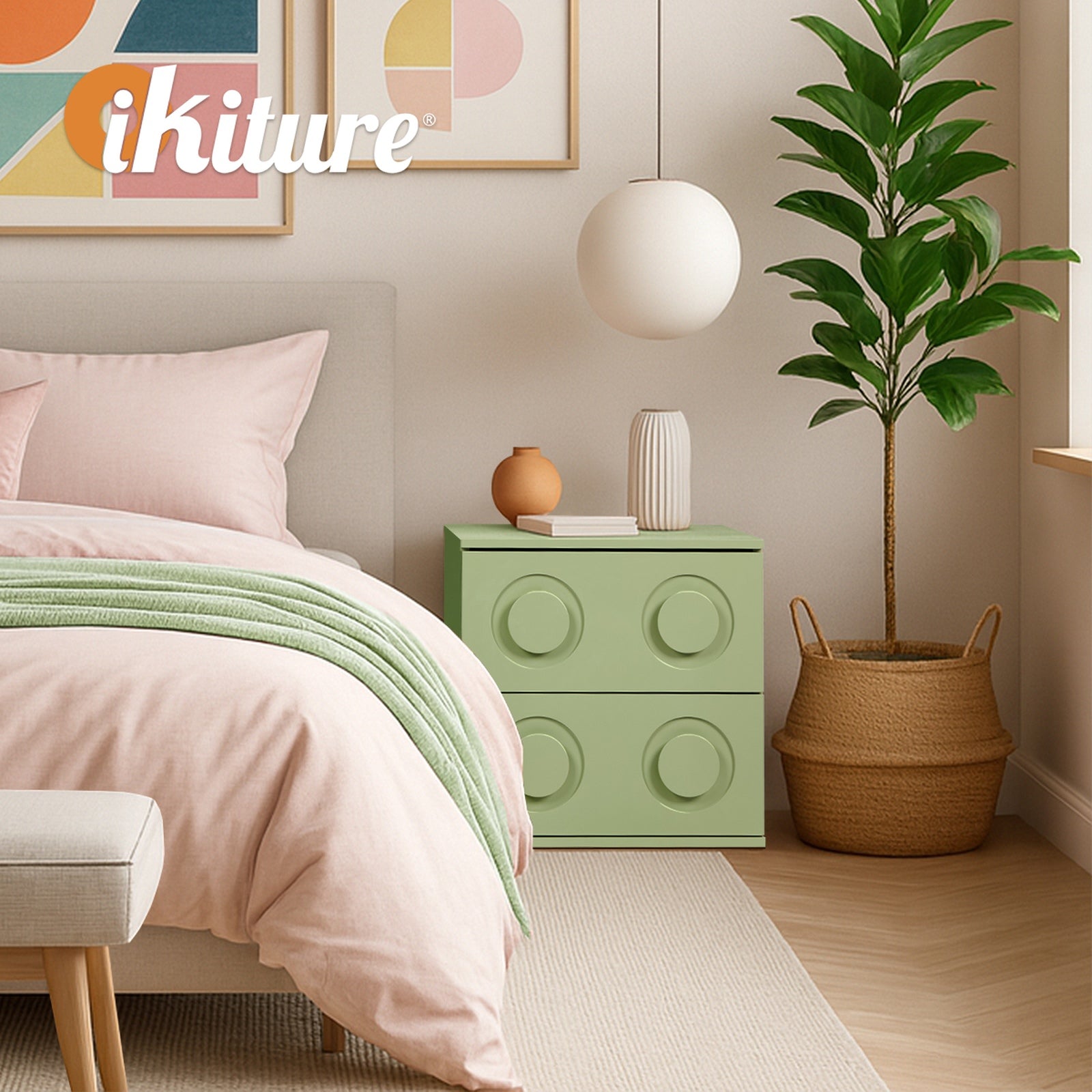 Oikiture Bedside Table 2 Drawers Nightstand Kid Storage Cabinet Green - Sunyee