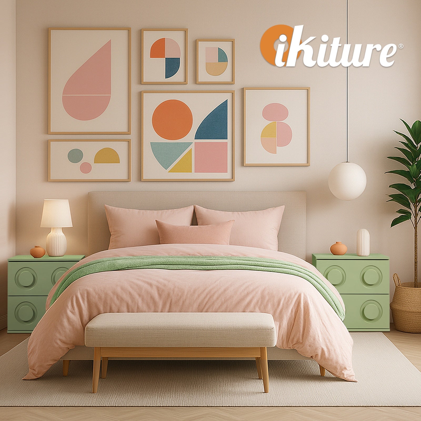 Oikiture 2x Bedside Table 2 Drawers Nightstand Side Storage Cabinet Green - Sunyee