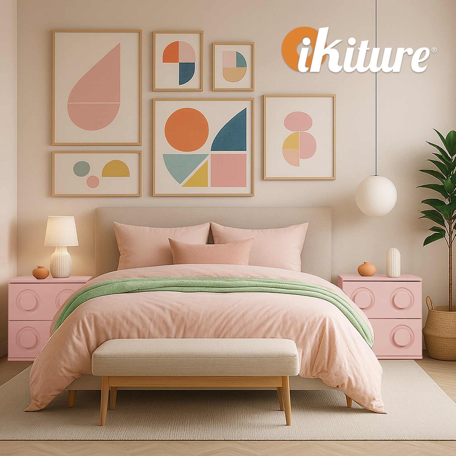 Oikiture 2x Bedside Table 2 Drawers Nightstand Side Storage Cabinet Pink - Sunyee