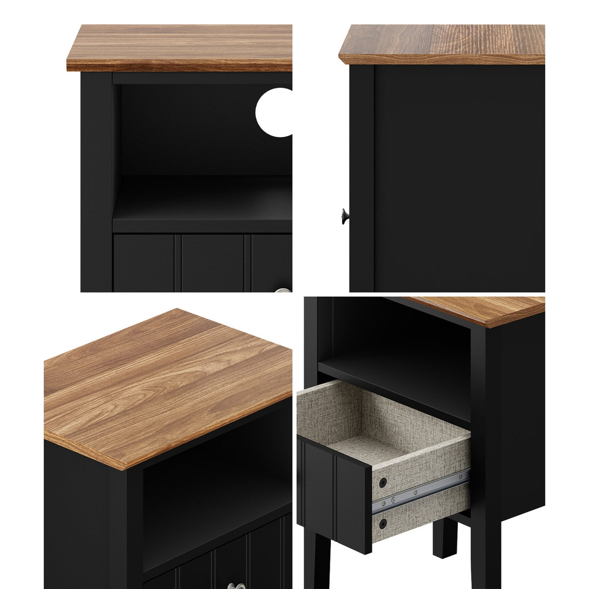 Oikiture Bedside Table 1 Drawer and Shelf Black Farmhouse Nightstand Cabinet - Sunyee