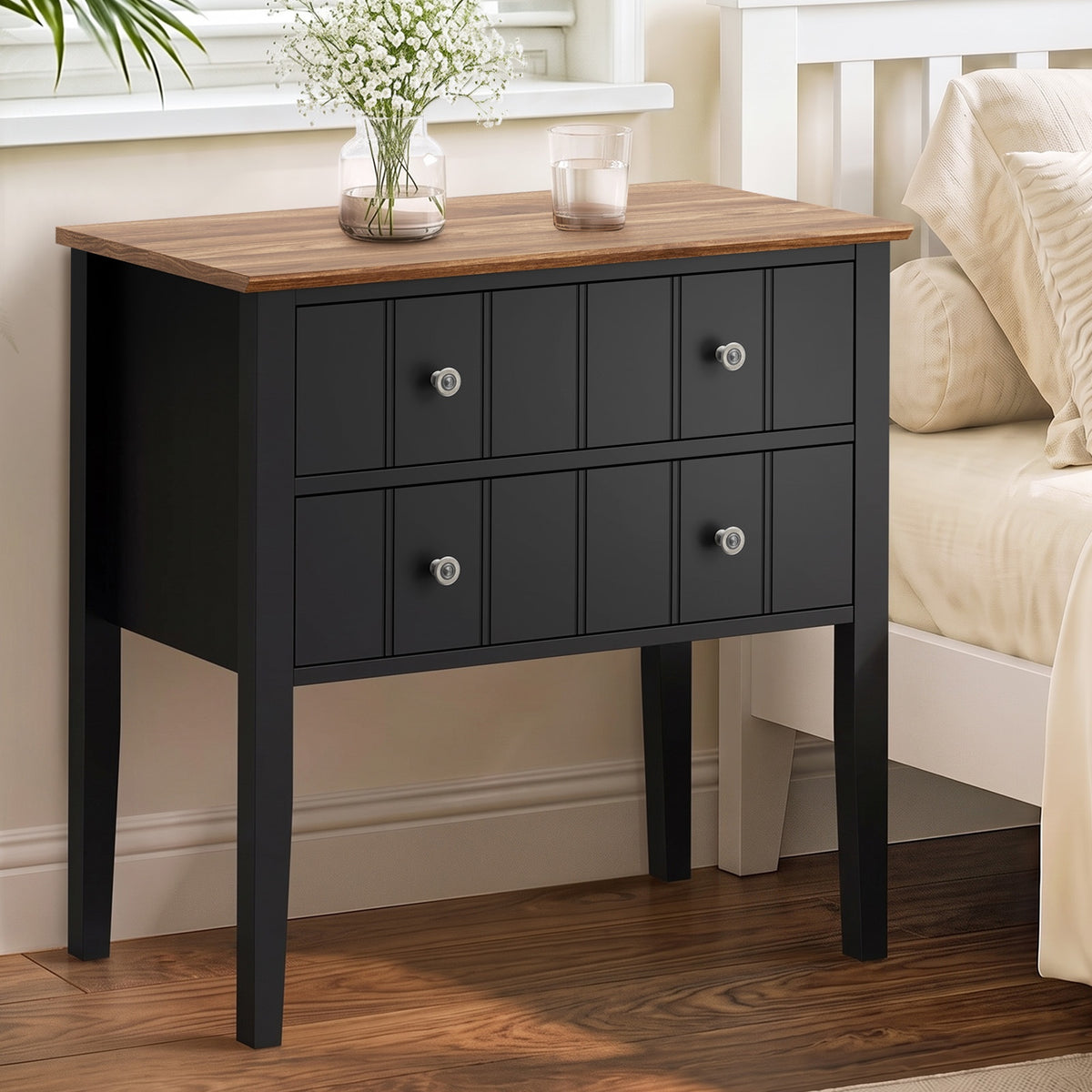 Oikiture Farmhouse Bedside Table 2 Drawer Black Nightstand Side Storage Cabinet