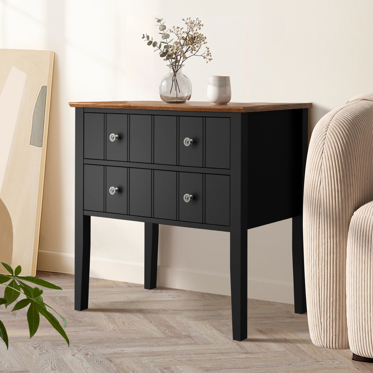 Oikiture Farmhouse Bedside Table 2 Drawer Black Nightstand Side Storage Cabinet