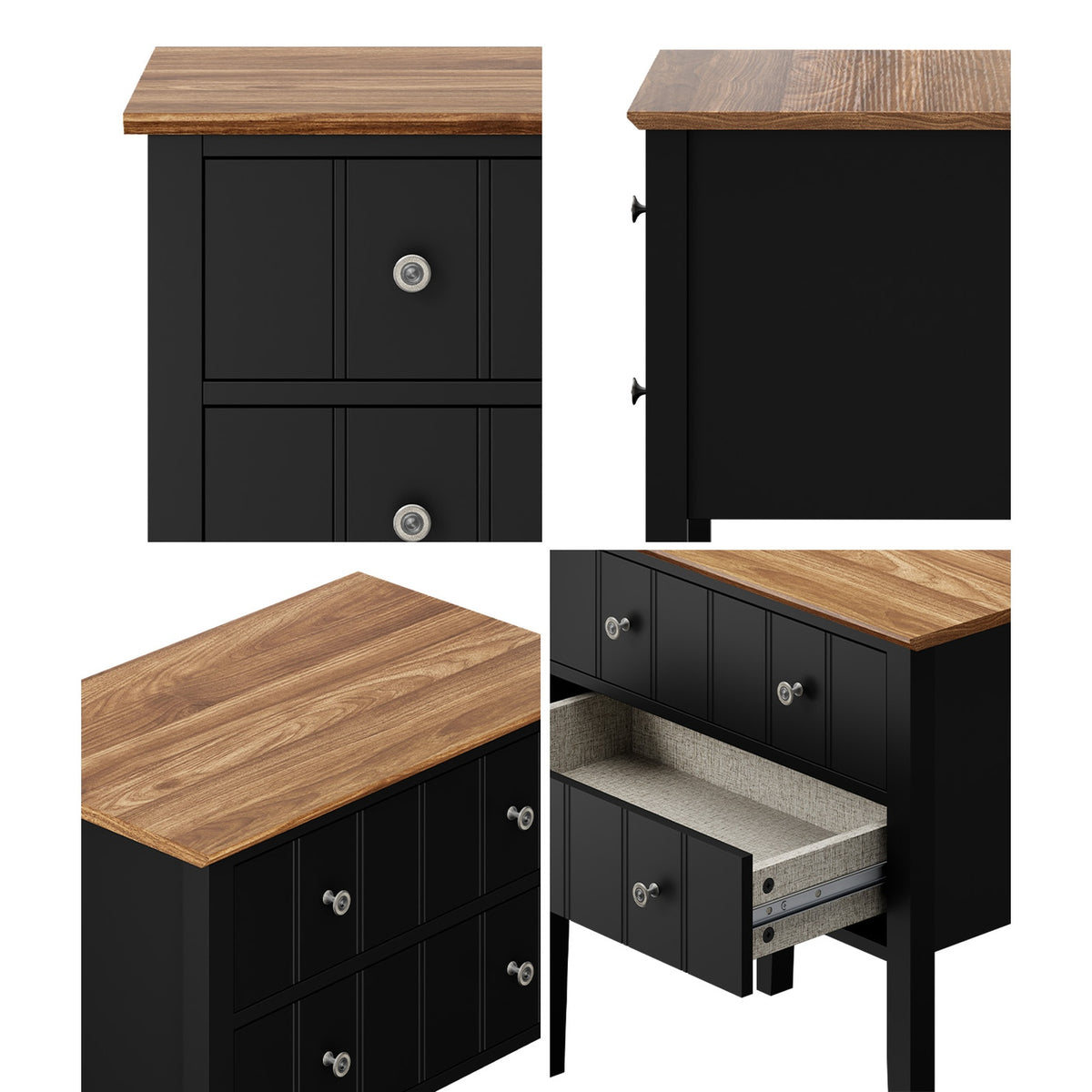 Oikiture Farmhouse Bedside Table 2 Drawer Black Nightstand Side Storage Cabinet