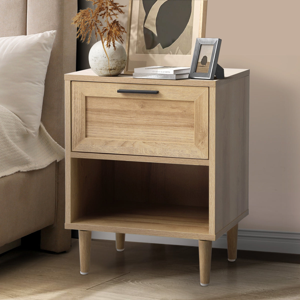 Oikiture Bedside Table Nightstand Side End Table Bedroom Storage Cabinet Natural - Sunyee
