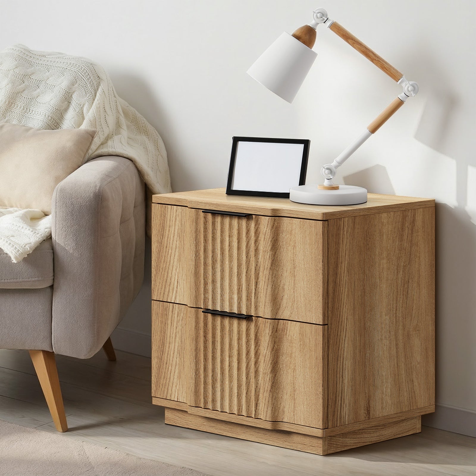 Oikiture Bedside Table 2 Drawers Storage Nightstand Side End Table Natural - Sunyee