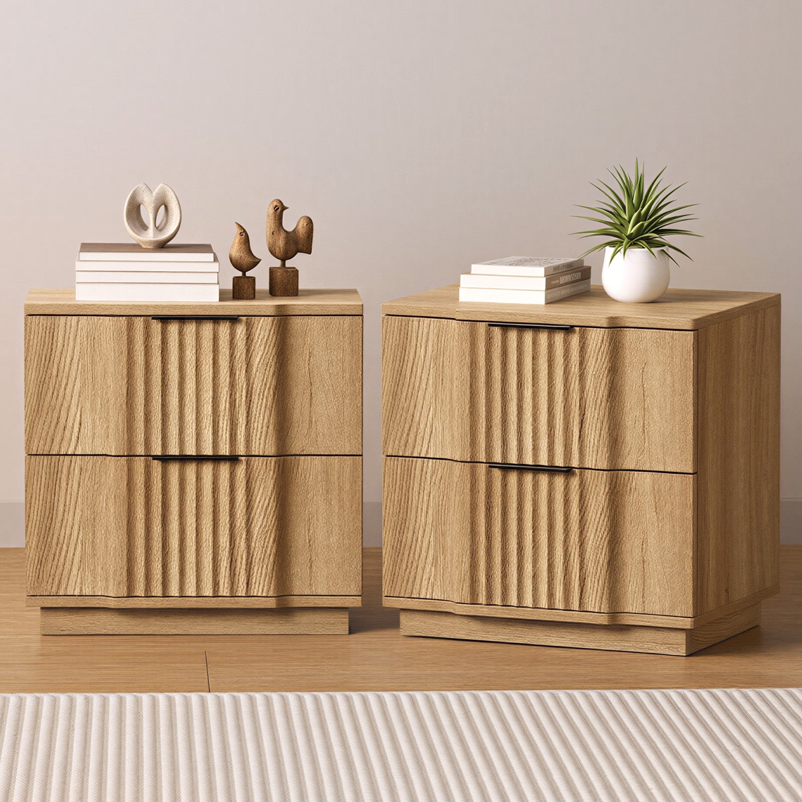 Oikiture 2pc Bedside Table 2 Drawers Storage Nightstand Side End Table Natural - Sunyee