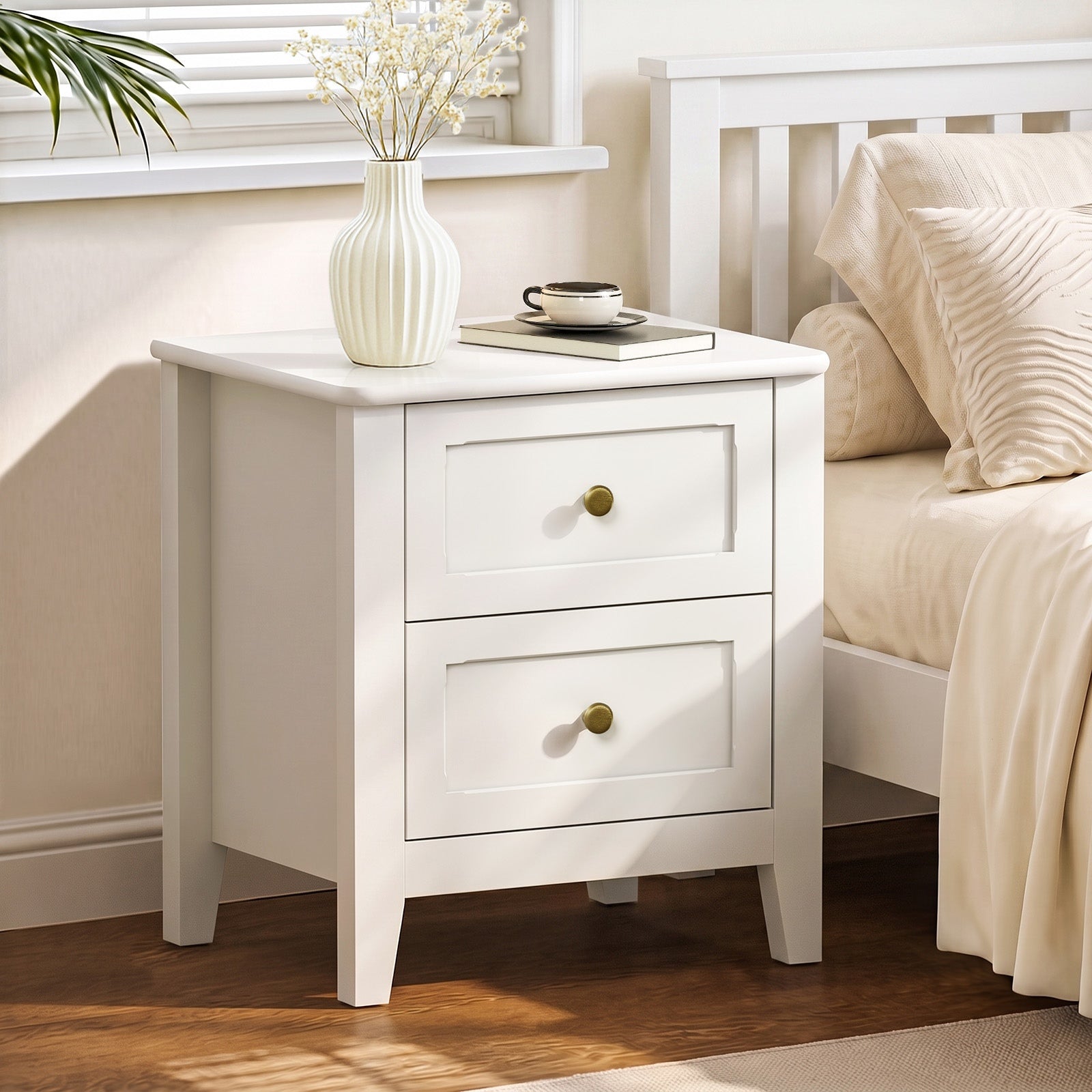 Oikiture Bedside Table 2 Drawers Metal Handle Bedroom Storage White