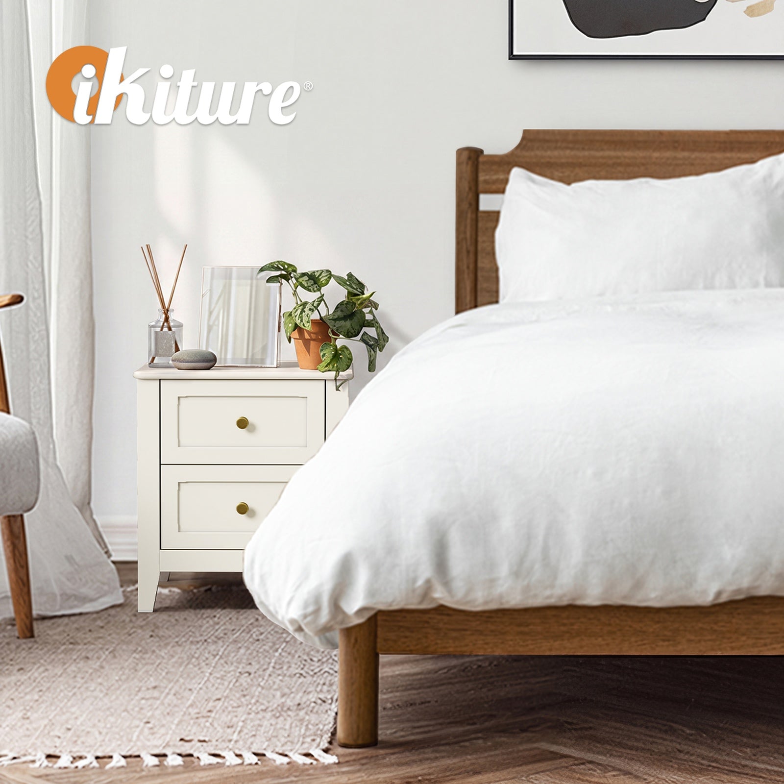 Oikiture Bedside Table 2 Drawers Metal Handle Bedroom Storage White