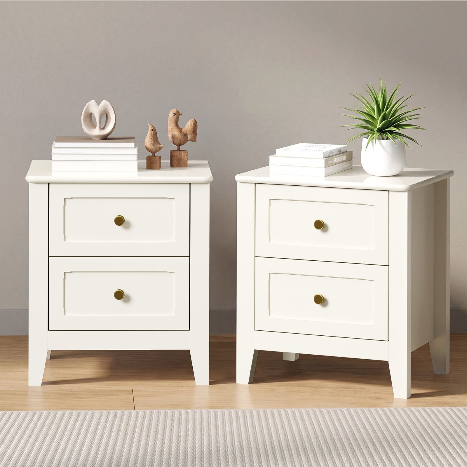 Oikiture 2pc Bedside Table 2 Drawers Metal Handle Bedroom Storage White